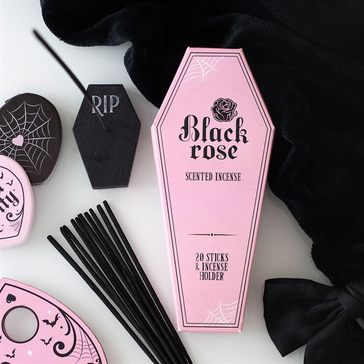 Set of 18 Black Rose Incense Stick Packs with Coffin Holder