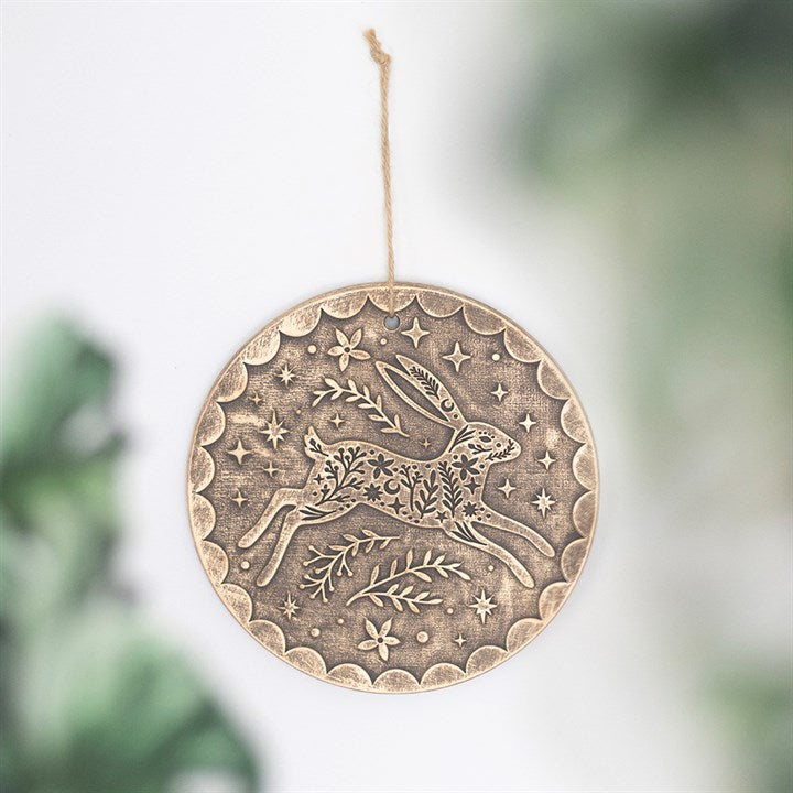 Bronze Effect Leaping Hare Terracotta Hanging Plaque